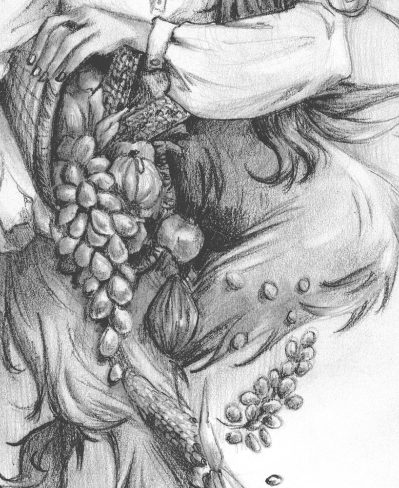 a cornucopia spills out various items: grapes, pumpkins, gourds, and corn. 