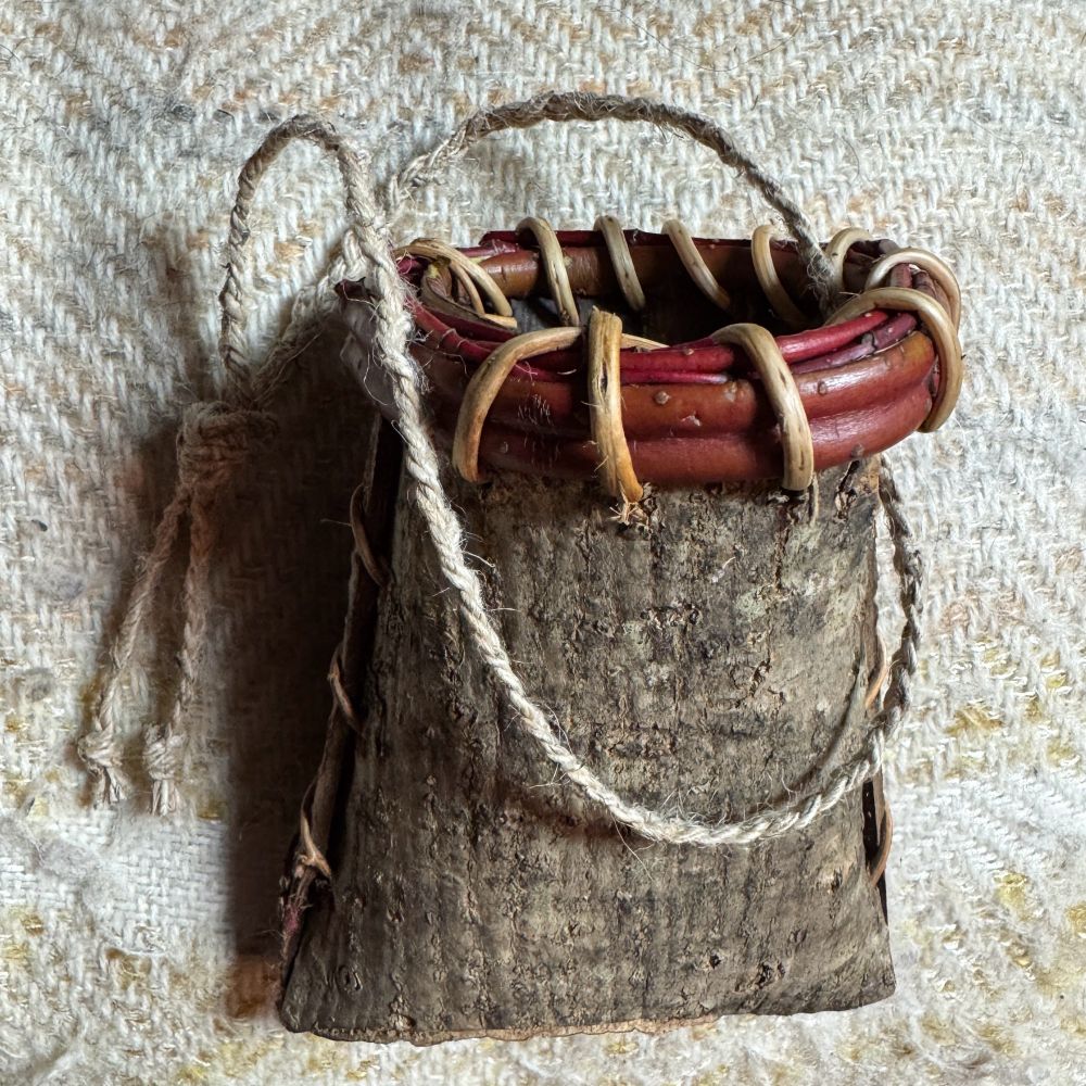 Mokok - a North East Native American style basket made with the outer bark showing and stitched with spruce root - front view