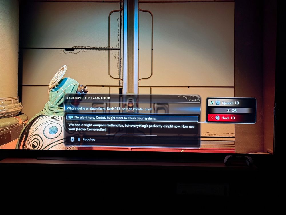 Screen capture from The Outer Worlds 2 showing a dialog choice window between Radio Specialist Alan Leiter and the protagonist.

Radio Specialist Alan Leiter: What's going on down there, Deck 01? I saw an intruder alert!

Second dialog choice: We had a slight weapons malfunction, but everybody's perfectly all right now. How are you?