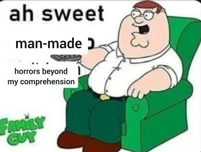 Peter Griffin from Family Guy holding a tv remote and sitting in an easy chair. 

Text reads: 
Ah sweet
Man made horrors
Beyond my comprehension