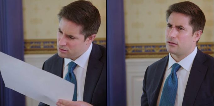 Diptych of a reporter looking at a sheet of paper and then looking ahead, utterly baffled. 