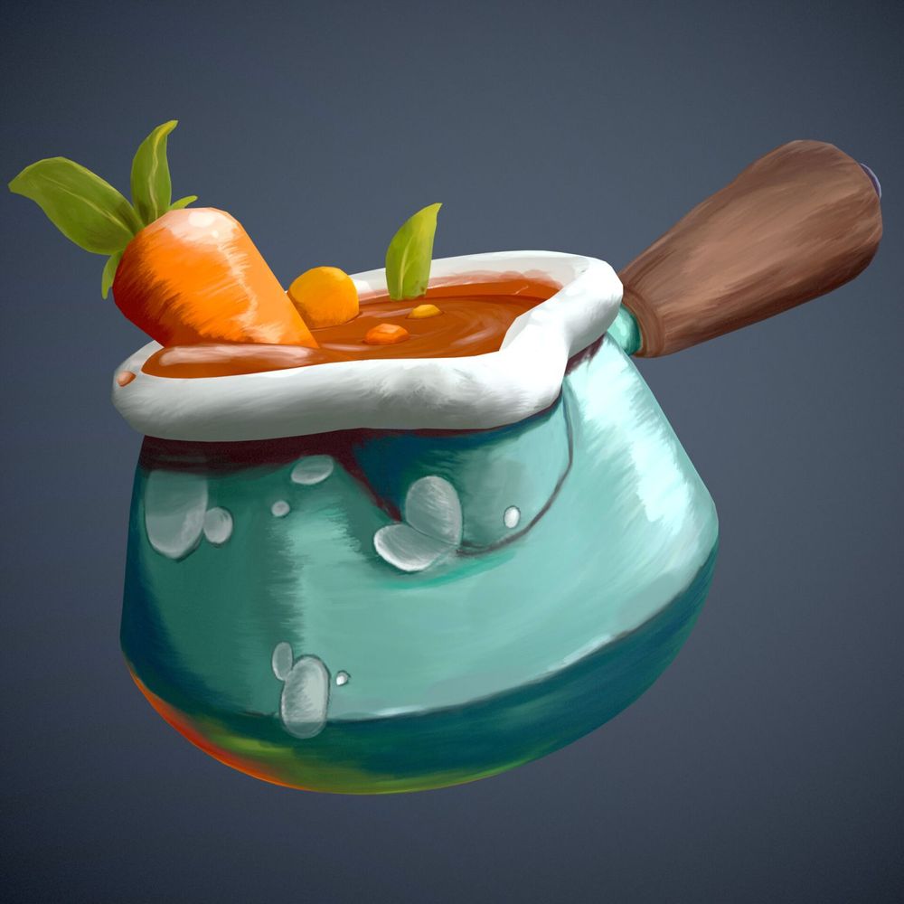 Stylized 3D render of a cooking pot, with visible chunks of carrots and potatoes spilling over the top. Referenced from an illustration by Bryan van der Linden.