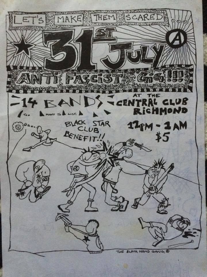 A flyer advertising an anti-fascist gig at the Central Club in Richmond, 1990s.