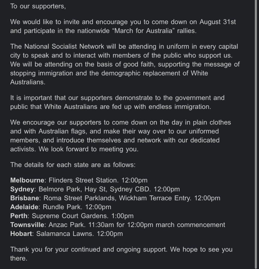 'To our supporters, We would like to invite and encourage you to come down on August 31st and participate in the nationwide 