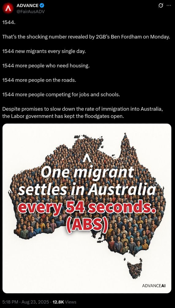 Tweet by Advance, August 23, 2025, bemoaning Prime Minister Albanese's supposed insistence on keeping the 'floodgates open' to a massive tide of immigrants that threatens to completely overwhelm the continent.