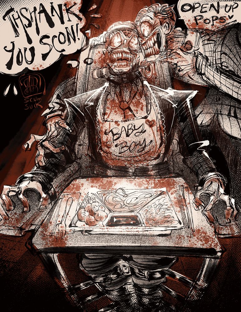 Harry Osborn forcefeeding his dad Norman in a torture chair.  Everyone has big forced smiles and bloodshot eyes.  Norman wears a bib that says "Baby Boy".  Harry says "Open up pops!" while Norman (with his mouth forced open with metal tubes, unable to vocalize clearly) says "Thshank you scon!"