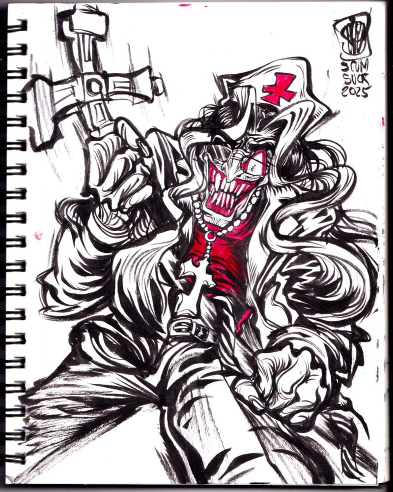 Plain black and white ink version of this drawing, with no red background and no halftones.