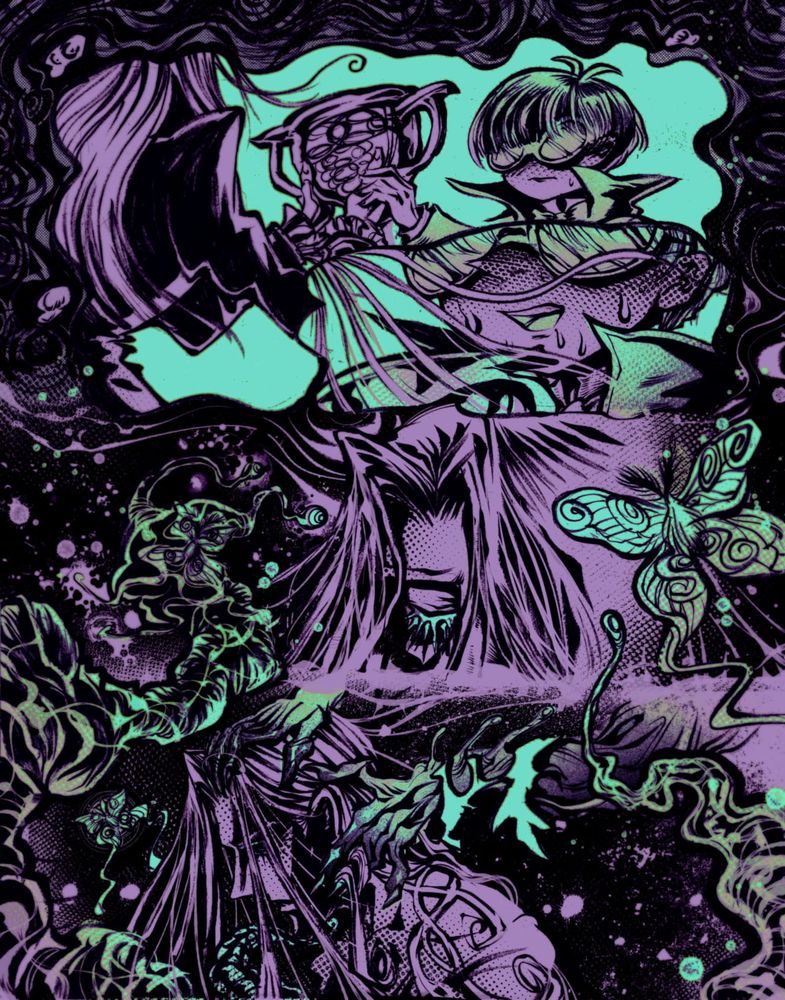 3 panel comic.  Panel 1, in a dream bubble, Weevil is receiving a trophy from Pegasus.  He smiles and sweats.  Panel 2, Pegasus's eyes are closed and moths and spore surround him.  Panel 3, we see a insectoid hand reach out and touch Pegasus's hair.