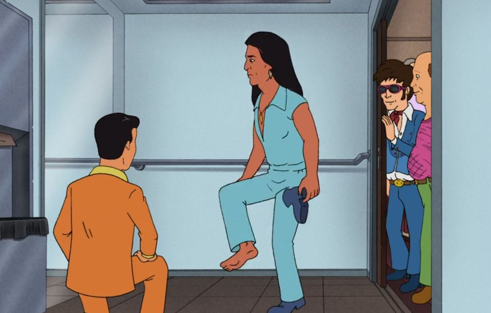 king of the hill screenshot.  john redcorn in a disco suit, taking off his shoes to put his feet to the mirror