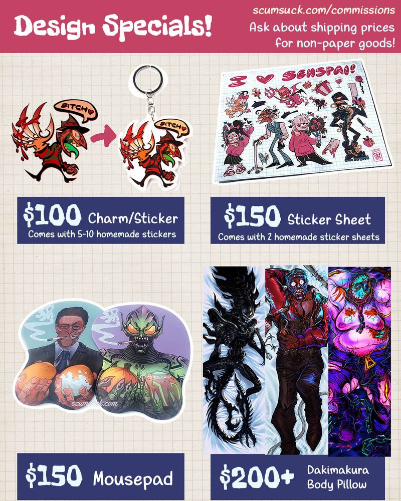Design Specials!  Ask about shipping prices for non-paper goods!
- $100 charm/sticker
- $150 sticker sheet
- $150 mousepad
- $200+ Dakimakura body pillow