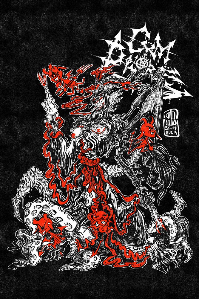 Black and white illustration showing a baphomet like figure with one soft boob and one small boob, with tentacles and crab claws emerging from its body, and three little red devils simultatneously pulling and holding up its intestines.