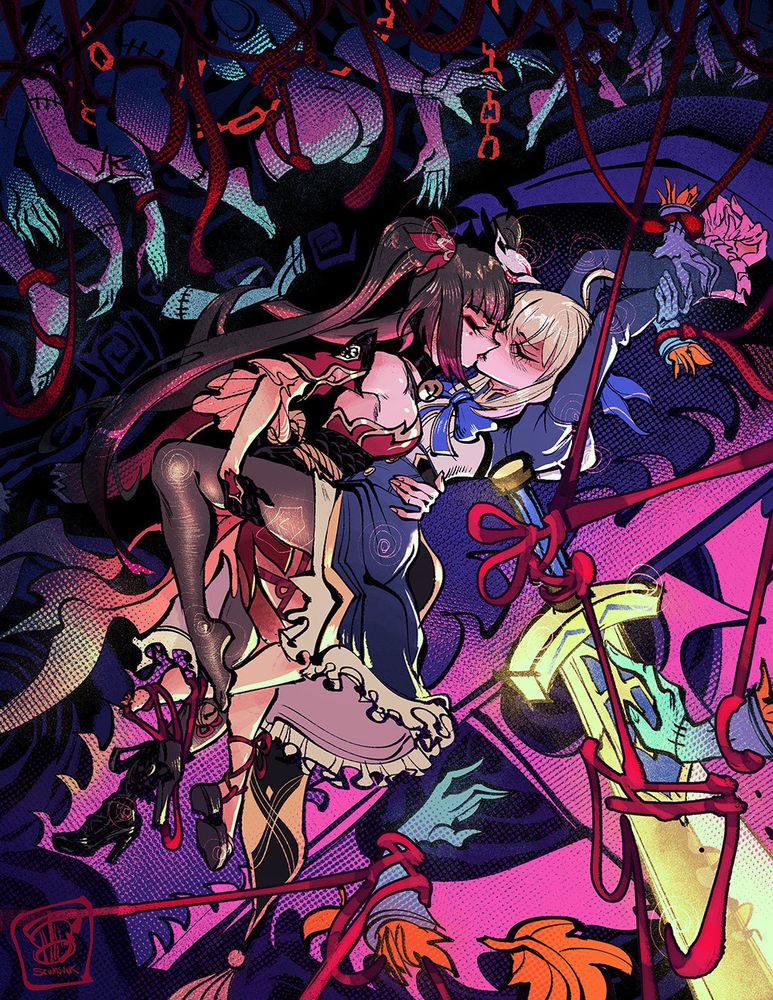 A digital full color commission of Saber/Artoria from Fate making out with Sparkle from Honkai Star Rail (HSR).  Saber's arms and hands are held up above her head by spooky doll hands.  Sparkle is holding up Saber's panty-hose covered leg with one hand, and holding Saber's waist with the other, and they're leaning against a spiky torture slab.  Their eyes are closed while they make out passionately.  Excalibur the sword is in the foreground, bound in red string.  In the background there are more discombobulated doll limbs and headless bodies being held up by red string.