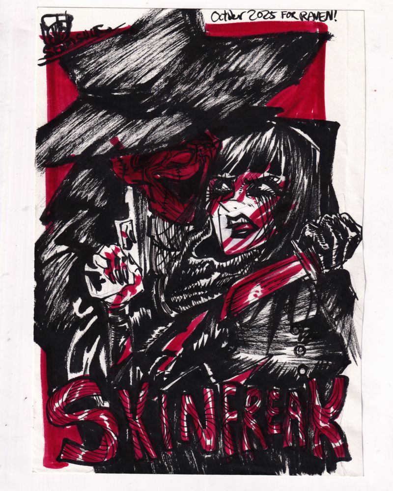 skinfreak from the videogame holding the girl Bella threateningly by knifepoint.  They are covered in blood, she is pointing a gun at his face.