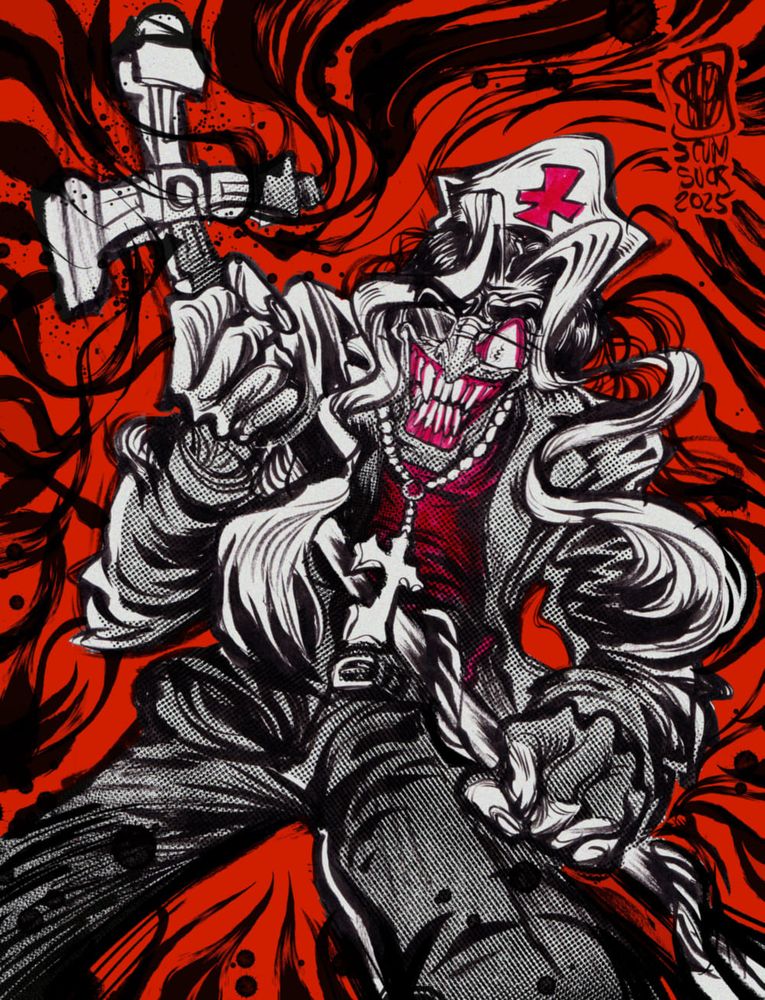 Black and white ink drawing, of a long haired man with a nurse hat and a cross-shaped staff.  He maniacally grins at the camera with long teeth and wide bloodshot eyes, looming over the viewer.  The background is red with lots of black swirls spiraling towards the head of the cross-staff.