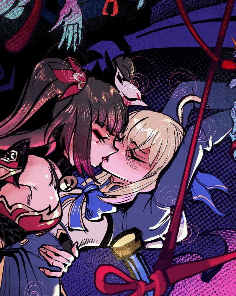 A close-up on the details of Saber and Sparkle's faces.  There is a slight shine on their skin, and some gloss on their hair. 