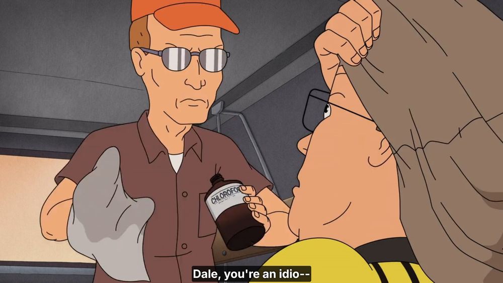 Dale about to put chloroform over Hank's mouth