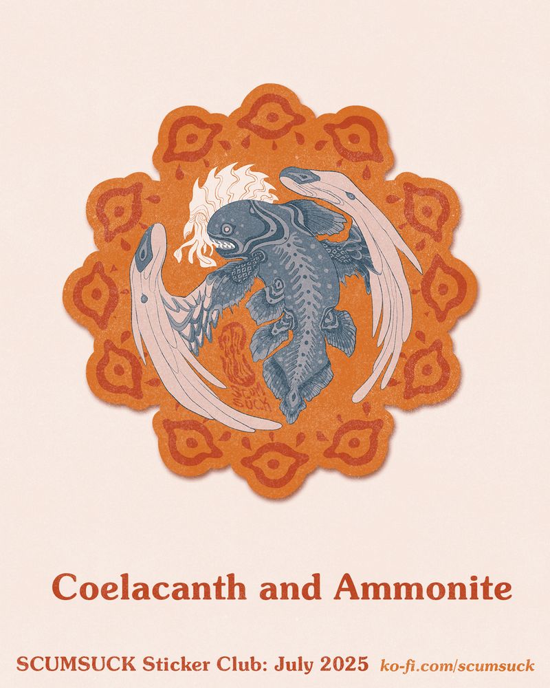A drawing of a Coelacanth with blue colors and white spots, and white angel wings extending out of its fins.  It has a white halo in the shape of a spiky ammonite.  It is on a 12-sided doily-shape, with red eyeballs on orange sandy color.