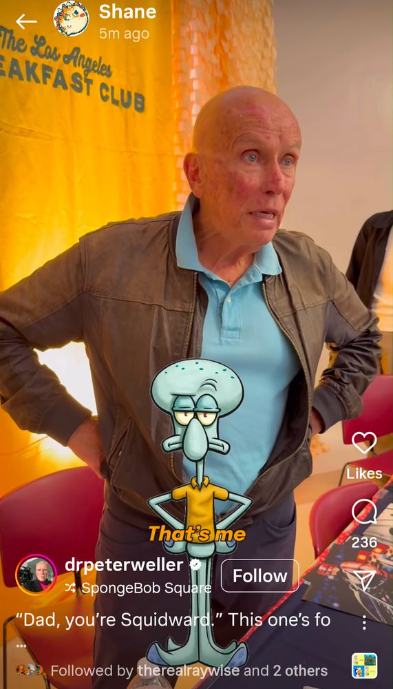 Peter Wellers saying "thats me" with a drawing of squidward in the same hands on hip pose .  The shirt peter is wearing is bright blue, matching Squidward's squid tone