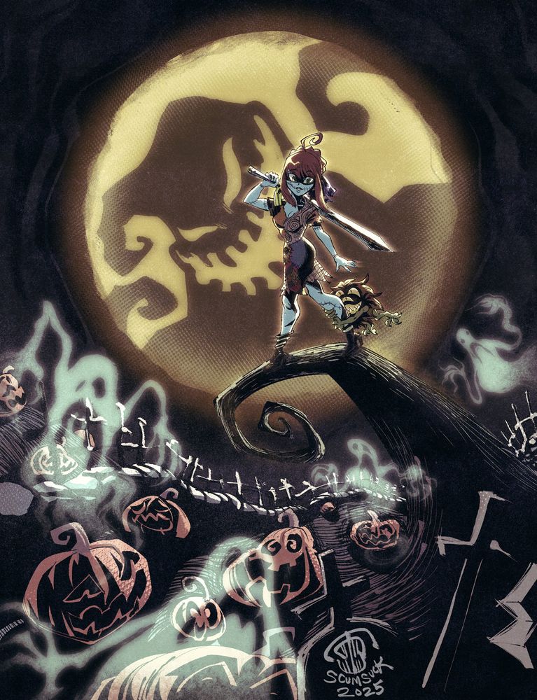 Digital color commission of Saber from the Fate series dressed as Sally, while a Sangan creature grabs her leg as she struts up a curly hill in the style of the movie.  There are pumpkins in the foreground with transparent ghosts floating out of them.  Oogie boogie's shadow laughs in the large yellow full moon behind them.