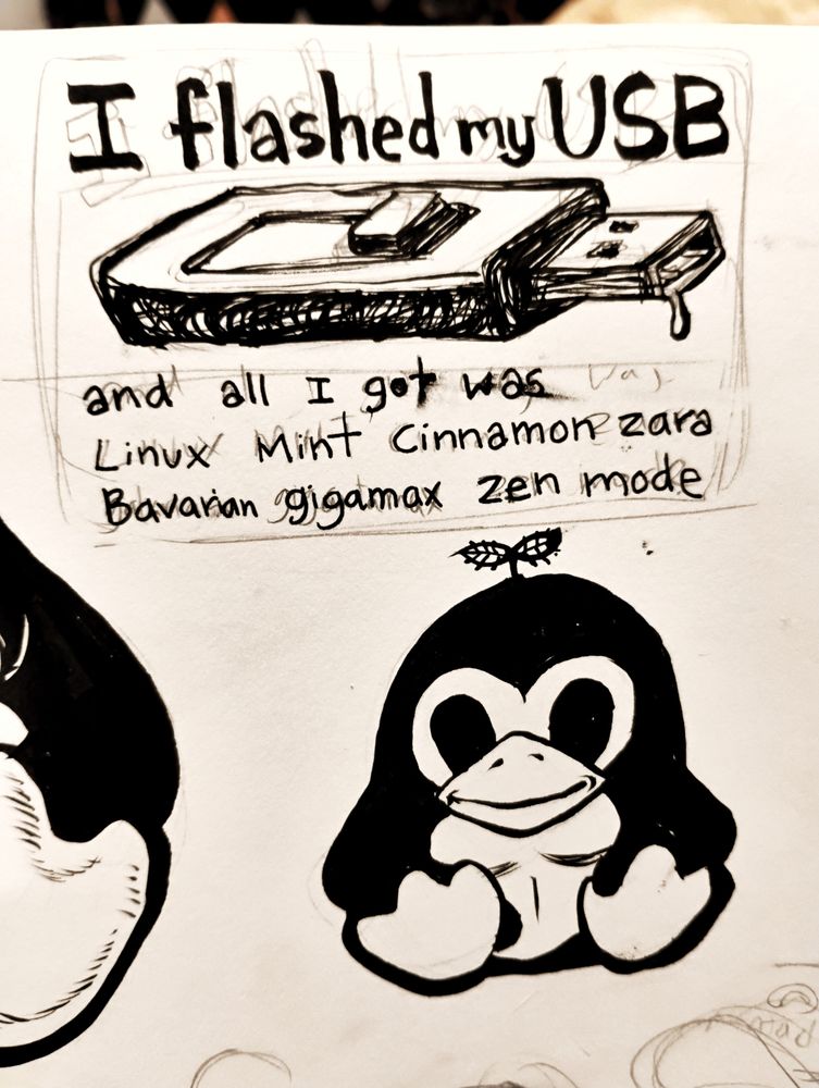 Ink drawing of tux the linux penguin, and a usb with text that reads "i flashed my usb and all i got was linux miny cinnamon zara Bavarian gigamax zen mode"