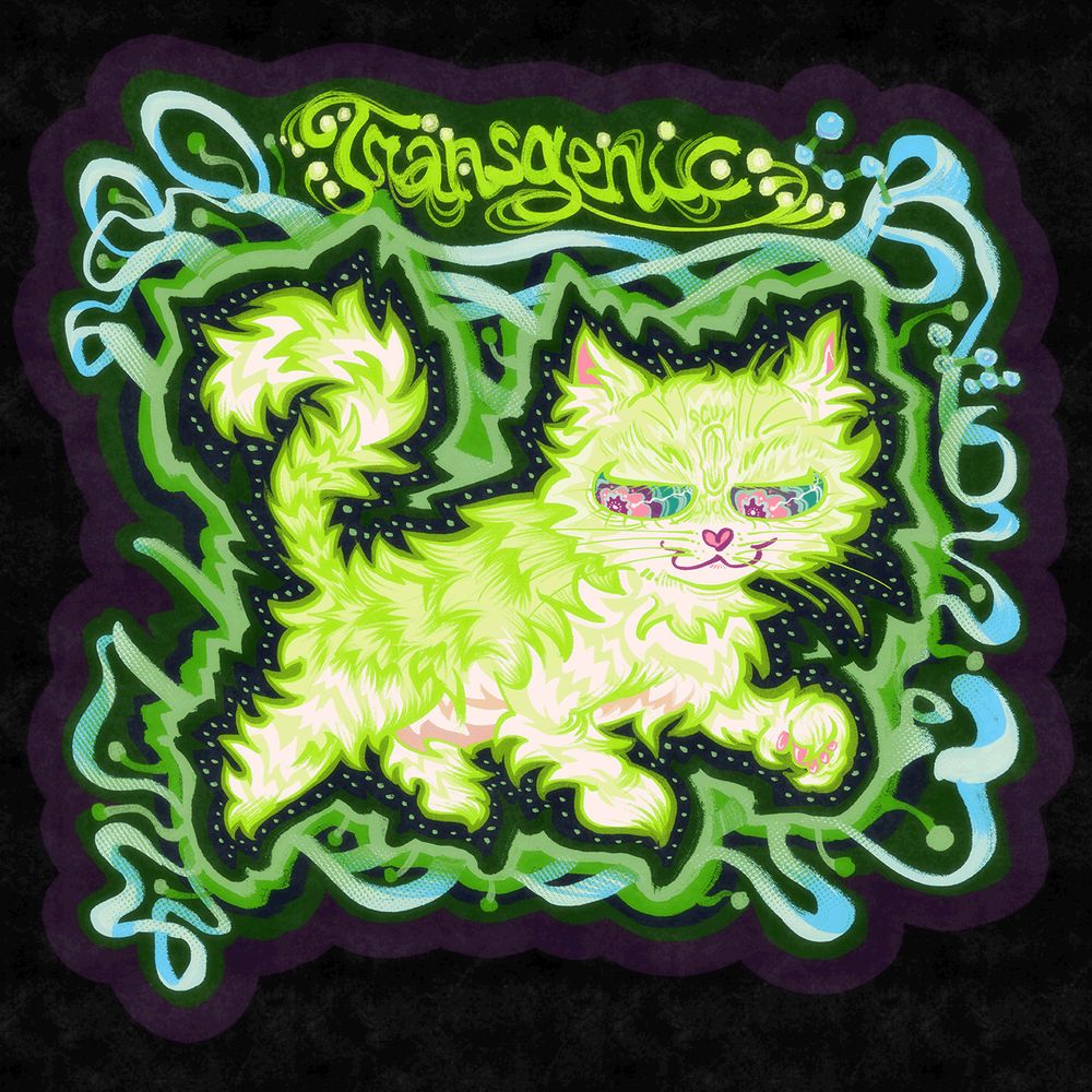 The full view of the glow in the dark cat art.  There are protein folds and molecules in the dark void around the green cat, and the word "transgenic is written above the cat.  The background shape is the Green Fluorescent Protein they transferred from a crystal jelly into cat genes. 