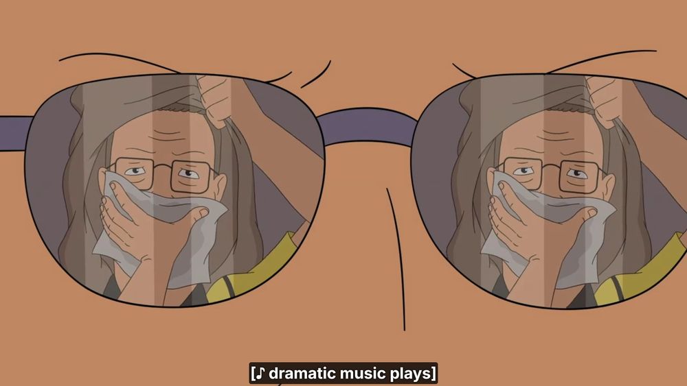 The reflection in Dale's glasses of Hank, as Hank fades out of consciousness