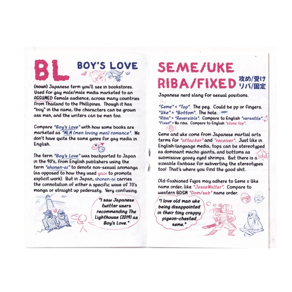 

BL / Boy's Love

(noun) Japanese term you’ll see in bookstores. Used for gay male/male media marketed to an ASSUMED female audience, across many countries from Thailand to the Phillipines. Though it has “boy” in the name, the characters can be grown ass men, and the writers can be men too.

Compare “Boy’s Love” with how some books are marketed as “MLM (men loving men) romance”. We don’t have quite the same genre for gay media in English.

The term “Boy’s Love” was backported to Japan in the 90’s, from English publishers using the term “shonen-ai” to denote non-sexual animanga (as opposed to how they used yaoi to promote explicit work). But in Japan, shonen-ai carries the connotation of either a specific wave of 70’s manga or straight up pederasty. Very confusing.

“I saw Japanese twitter users recommending The Lighthouse (2019) as Boy’s Love.”



SEME/UKE RIBA/FIXED

攻め/受け リバ/固定

Japanese nerd slang for sexual positions.

“Seme” = “Top”. The peg. Could be pp or fingers. “Uke” = “Bottom”. The hole. “Riba” = “Reversible”. Compare to English “versatile”. “Fixed” = No riba. Compare to English “stone top”.

Seme and uke come from Japanese martial arts terms for “attacker” and “receiver”. Just like in English-language media, tops can be stereotyped as dominant macho giants, and bottoms as submissive gooey eyed shrimps. But there is a sizeable fanbase for subverting the stereotypes too! That’s where you find the good shit.



