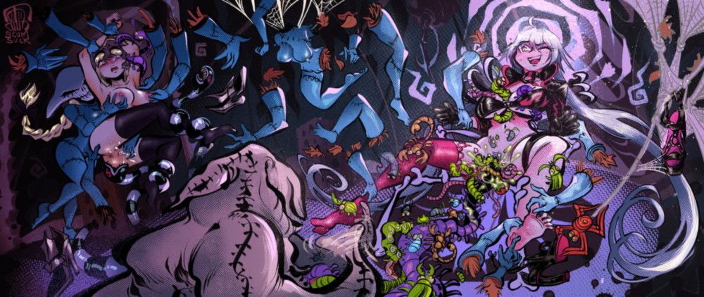 Very wide illustration of Jeanne D'arc from the Fate games being tickled and molested by blue dolls (looking like Sally from A Nightmare Before Christmas).  In the center is Oogie Boogie tickling Jeanne Alter's feet, covered in bugs, and then Jeanne Alter herself laughing on a skeletal chair with bugs crawling on her and entering her VAGINA.  