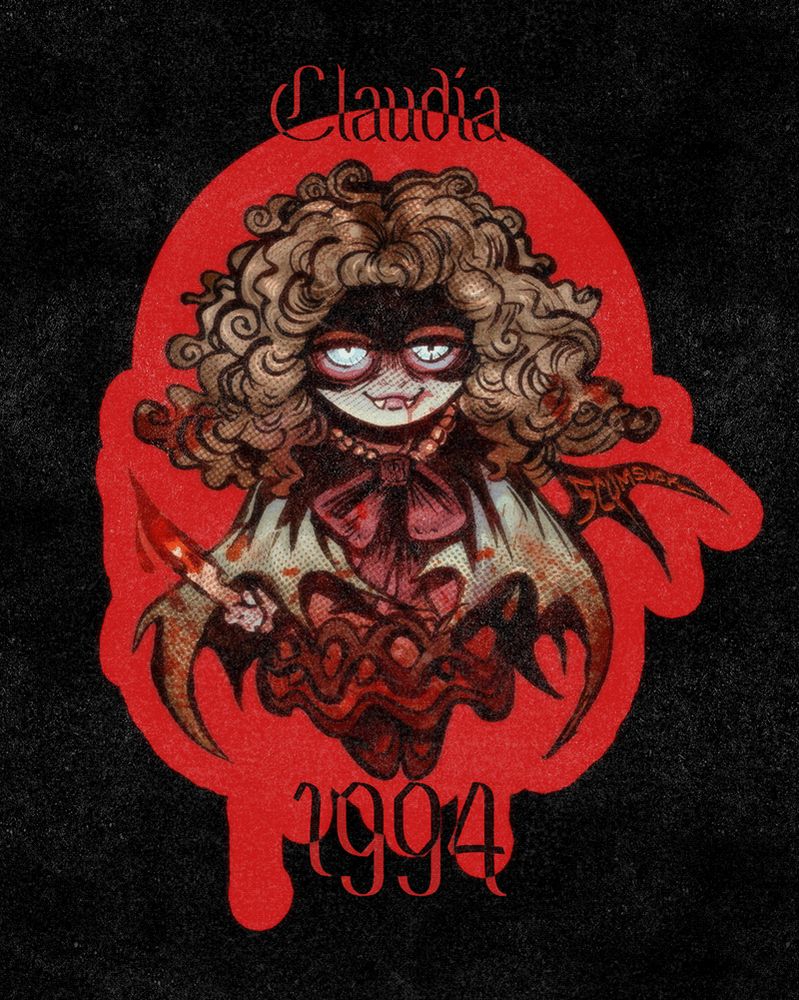 A drawing of Claudia from the 1994 movie of IWTV.  She a tiny white girl with curly long hair.  She is floating and dripping with blood in her red dress and green cape in the shape of bat wings, holding a knife covered in blood.  She smiles ominously and her eyes glow blue.