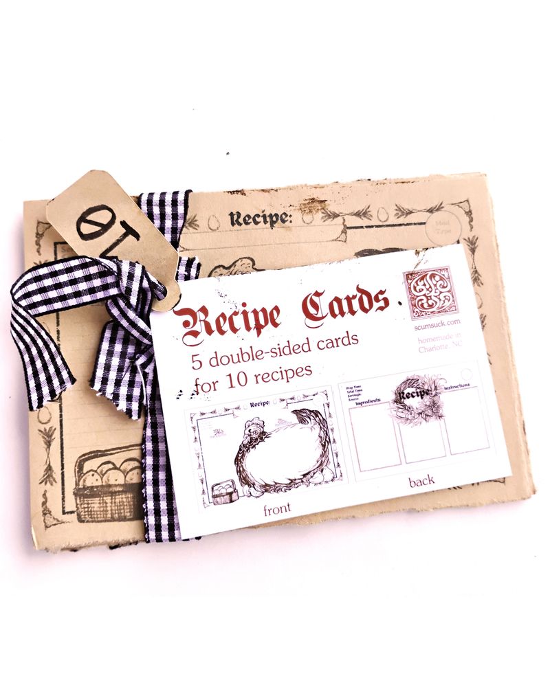 The ribbon wrapping on the recipe card set, saying 5 double-sided cards for 10 recipes.