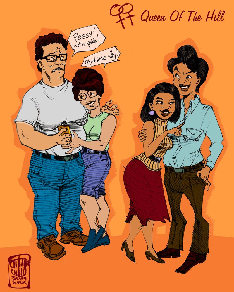 Queen of The Hill illustration with Peggy/Hank and Minh/Kahn as lesbians.  Hank is shocked at Peggy grabbing her tummy, and Hank says "Peggy, not in public!" Peggy says "Oh don't be silly!".  Minh is poking Kahn's chest and Kahn is smirking naughtily at Hank cuz they're more openly intimate.