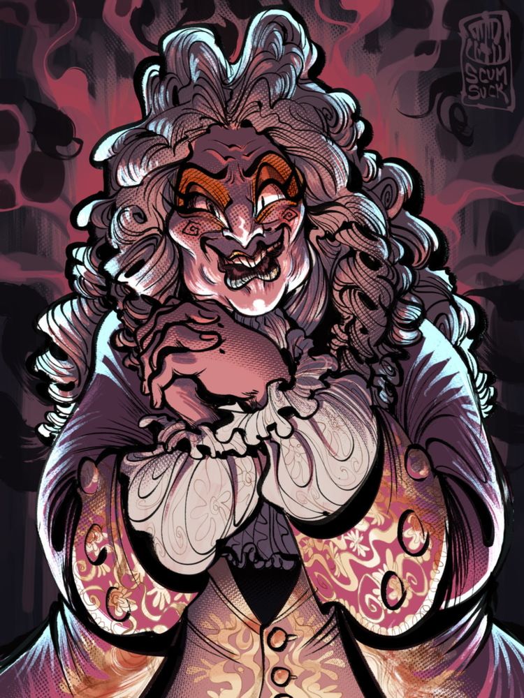 a heavy set 17th century foppish dandy with a big white curly wig, smiling menacingly at the viewer while looking at you with his hands folded like you're a super cute kitty