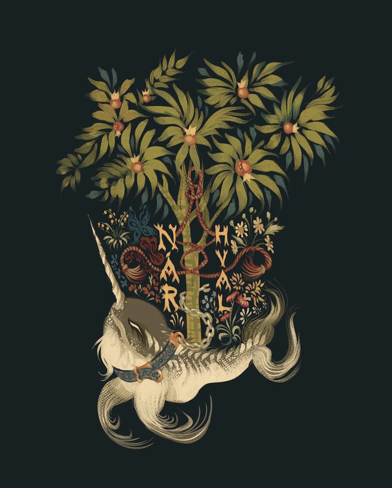A digital painting of a Narwhal, unchained from a pomegranate tree, surrounded by many flower accents.  It is intentionally painted in the style of  "The Unicorn In Captivity" tapestry, but this narwhal's chain is broken from the tree.