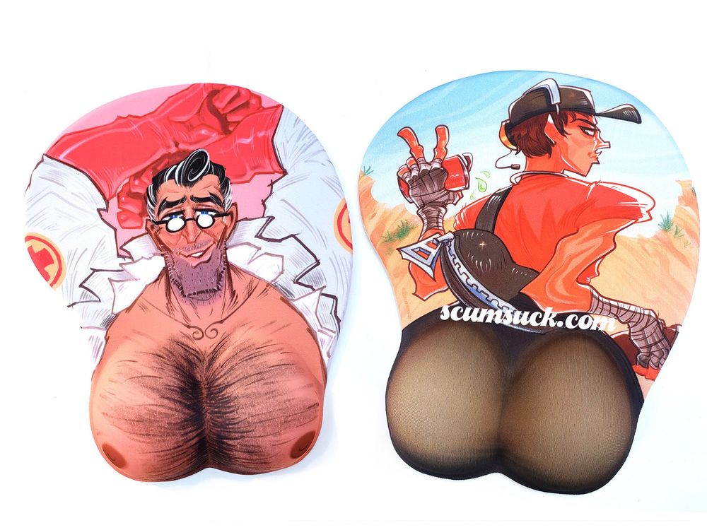 Closeup on Red Medic boobie mousepad, and red Scout butt mousepad.