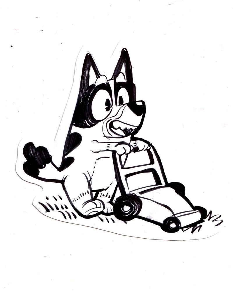 A black and white ink drawing of Bluey the cartoon dog using a small pushmower to mow grass