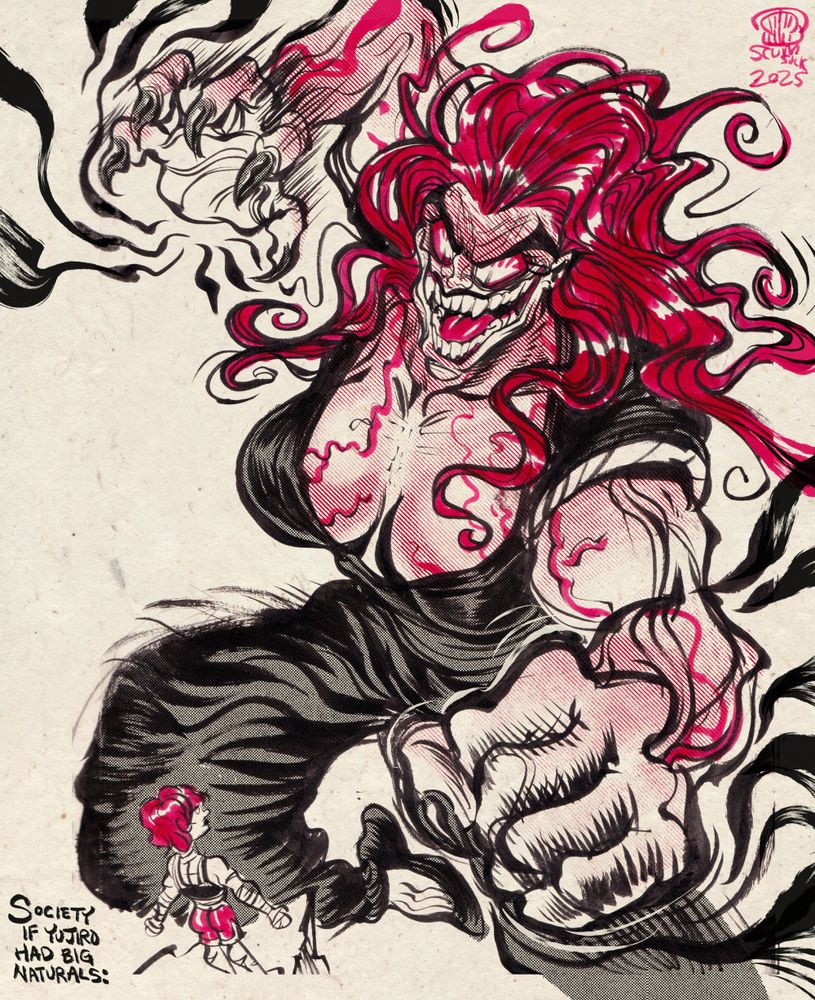 A drawing of Yujiro Hanma from Baki the Grappler, but he is a woman with huge heavy natural boobs that are inflamed and red and veiny.  She is gigantic and leaping in the air with claws and fist ready to pounce.  A tiny 2 inch tall Bakiko (girl Baki) is A-posing on a cliff staring at her gigantic evil mother.