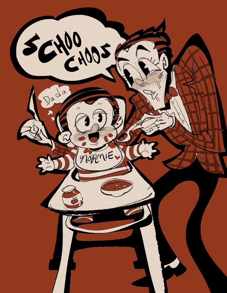 Harry Osborn happily feeding his son Normie some applesauce babyfood.  He says CHOO CHOO while Normie responds "Da da"