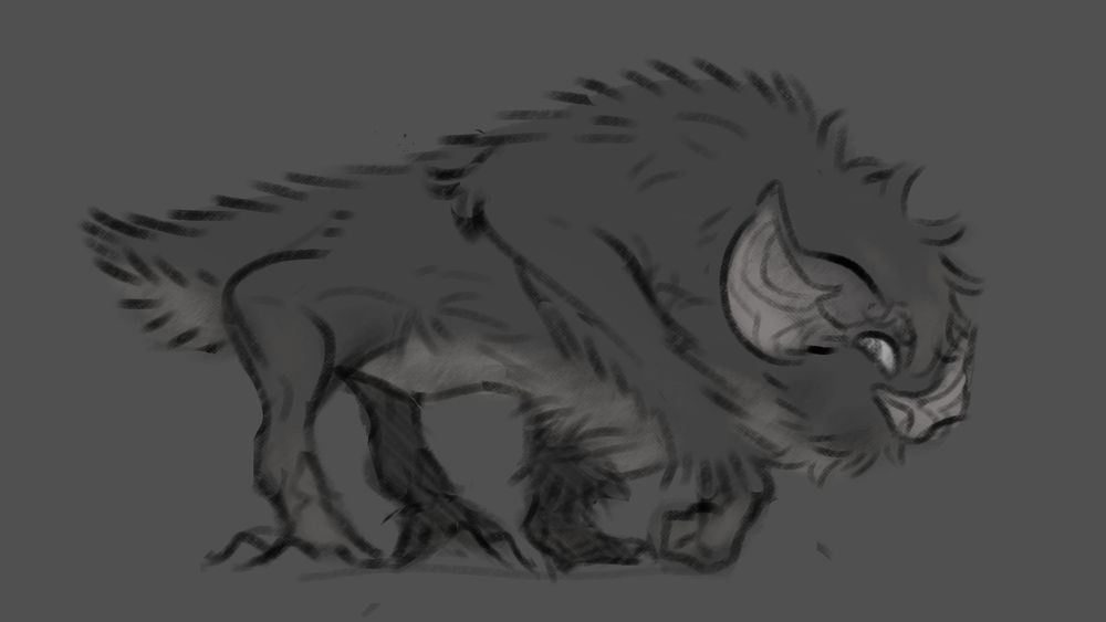 Side profile of a bison-like creature with bat qualities; warms and legs more akin to bat limbs, with reduced wing skin implied between the pits; large bat ears, and a shapely at nose. The creature is covered in fur. The beast has a stubby tail.