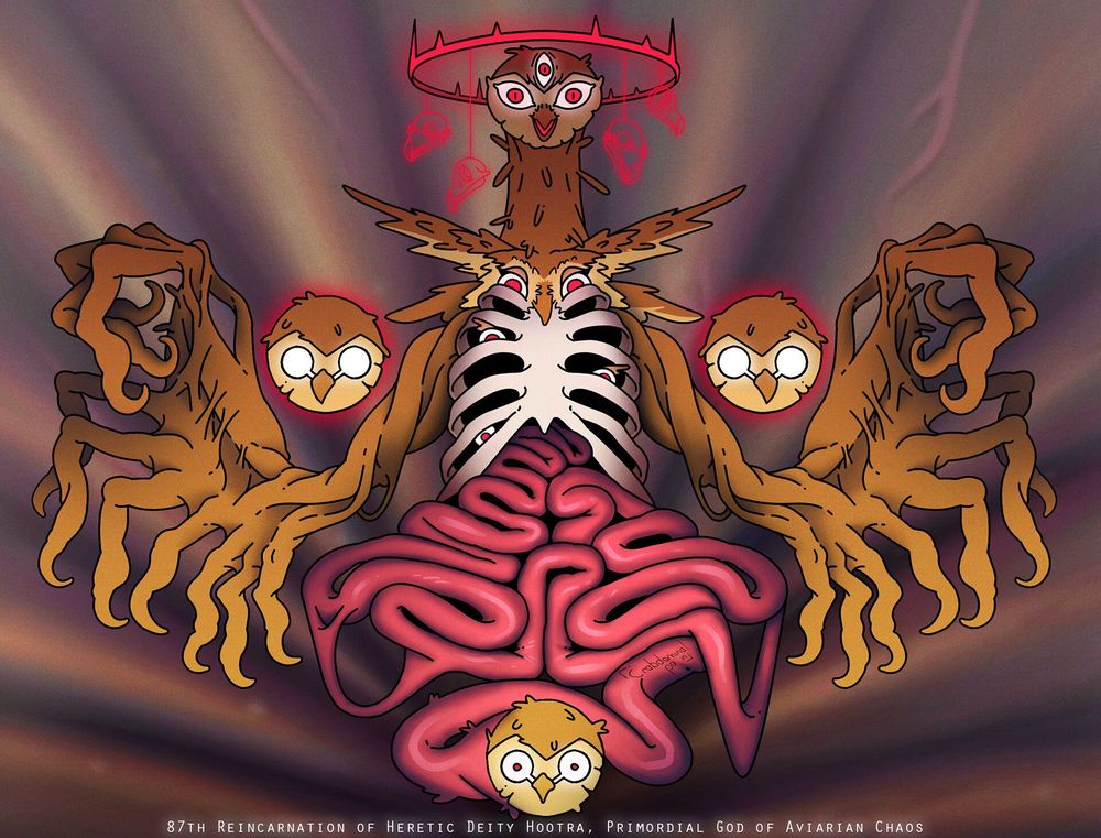 Hooty in its eldritch form, rib-cage and intestines of owl amalgamations. 