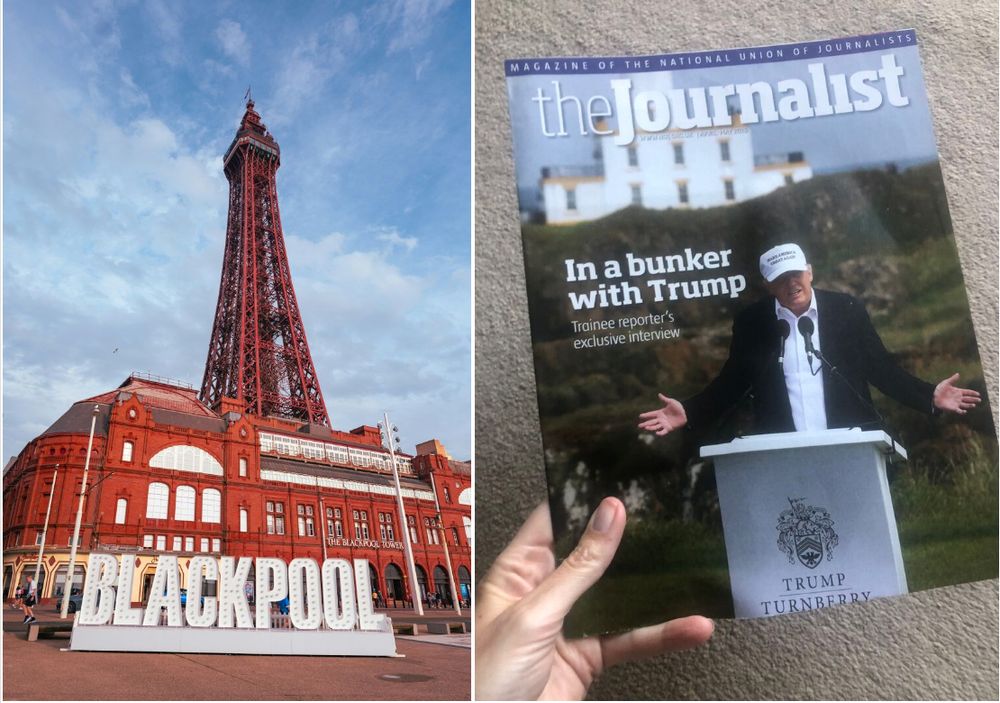 Blackpool tower and sign. Front cover of The Journalist magazine with Trump.