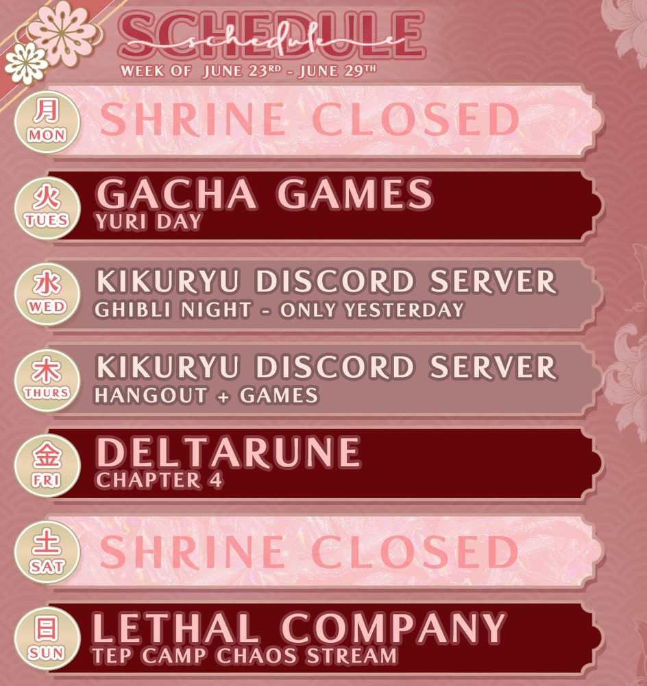 TUES - GACHA GAMES (yuri day)
WED - Discord Watch Party - Ghibli "Only Yesterday"
THURS - Discord Hangout
FRI - Deltarune
SUN - Lethal Company collab