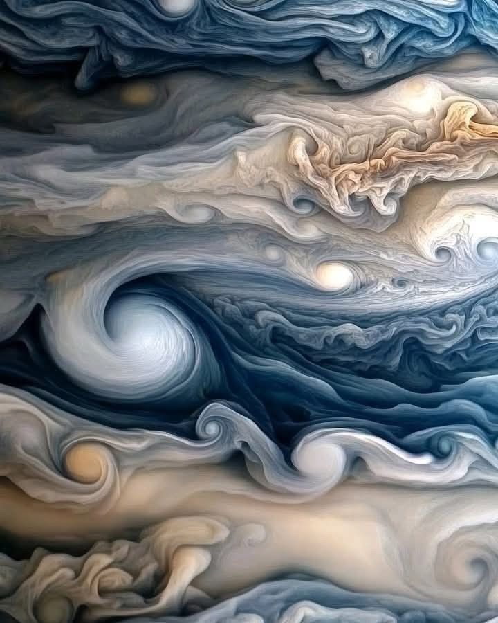 An exquisite and colorful photo of the surface of Jupiter from the Webb Telescope, with swirls of deep blue and sandy yellow interspersed with white in the closeup of one of the storms. 