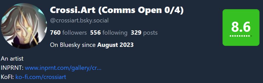 A screenshot of my account score on bluefacts.app which is an 8.6.