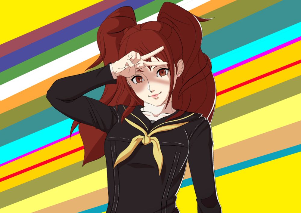 Wip of Rise Kujikawa from Persona 4! She's in her high school uniform. She's posed with a peace sign and a smile. The background is colourful with multi coloured stripes. It's cropped as there's still some stuff I need to finish up. She's soft shaded with a white backlight to the right. 