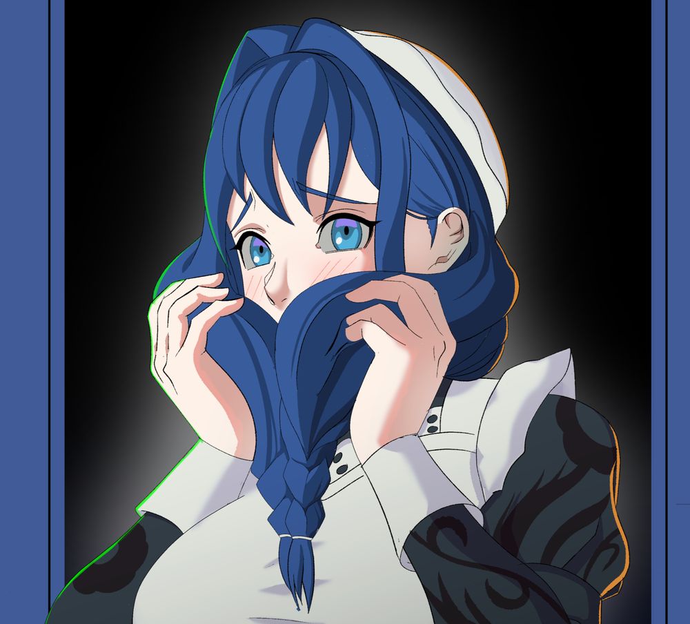 A wip of a commission piece of Maid Kronii! She's holding her braids of hair with a shy look on her face. The image is cropped a fair bit but the piece should be done sooner rather than later!  