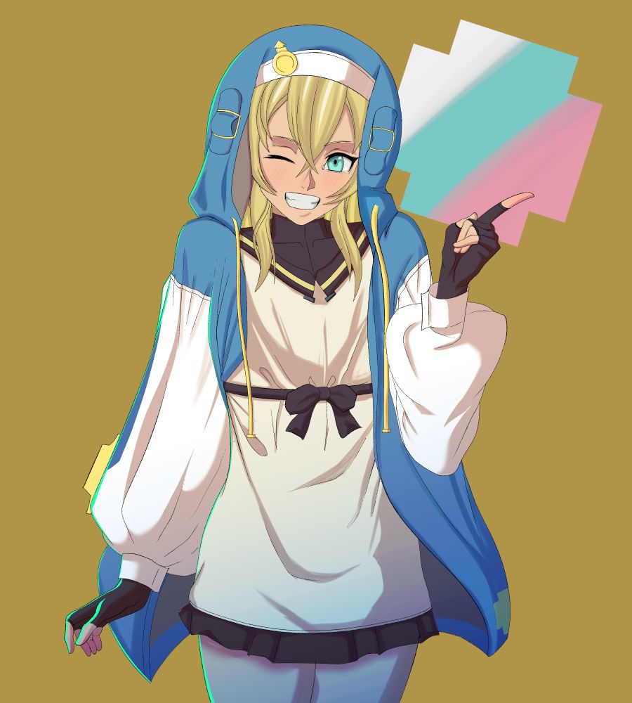 A wip of Bridget from Guilty Gear Strive. She's smiling at the camera. Behind her is a Plus coloured with white, teal and pink. The rest of background is a duller yellow. 
