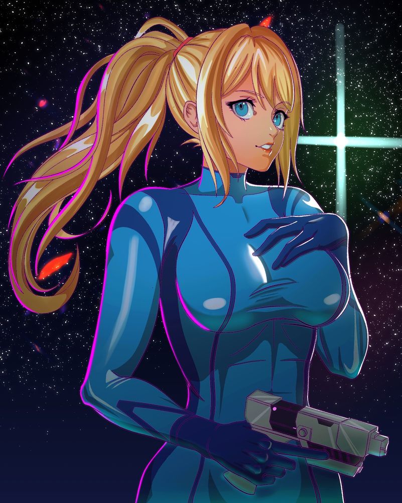 An art piece of Samus Aran in her Zero Suit outfit. She's holding a gun on one hand and her other hand is on top of her chest. She's lit with a green underlight with a purple and white rim light surrounding her. The background is a starry night with a bright green star next to her face. #Art
