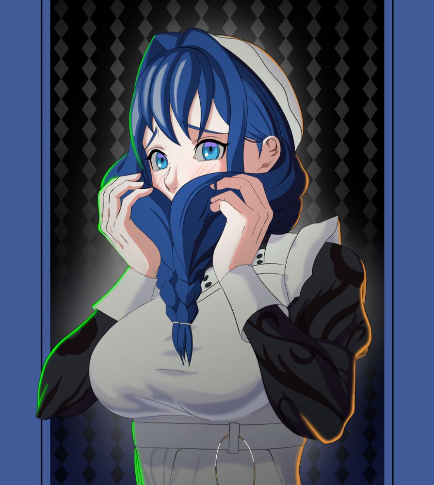 A commission piece of Maid Kronii! She's holding her braids of hair with a shy look on her face. She's slightly blushing too. The artwork has blue borders on both sides. Behind Kronii is a diamond pattern that shift from grey to black from the top to the bottom. Kronii herself is cel-shaded with soft blending and green and orange rim lighting around her. #Hololive
