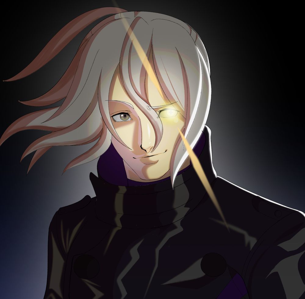 Cropped portrait of Kaname Date from AI: The Somnium Files! He's lit with a white backlight. Aiba is shining in his left eye brightly. He has a smirk on his face like a cheeky grin. 