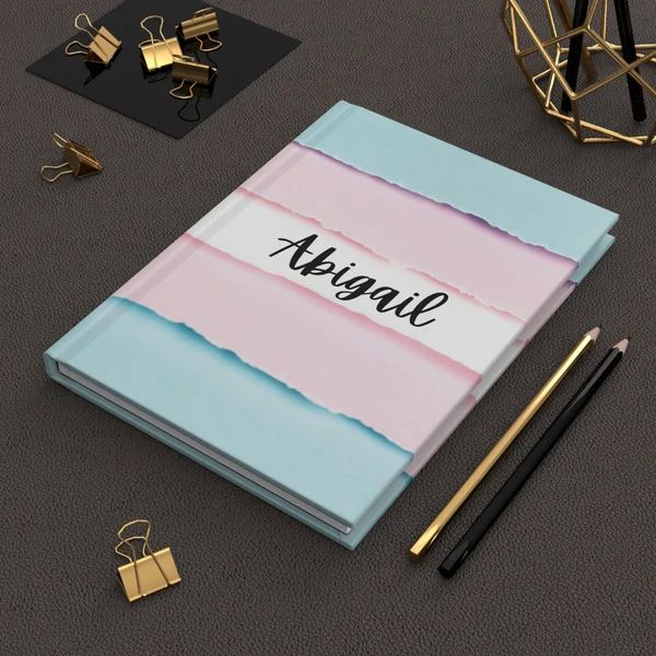 A stock-looking image of a trans flag-themed agenda, sitting alongside some pencils and clips.